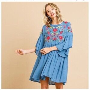 UMGEE Women's Babydoll Mini Dress Small Blue Floral Embroidered Bell Sleeve